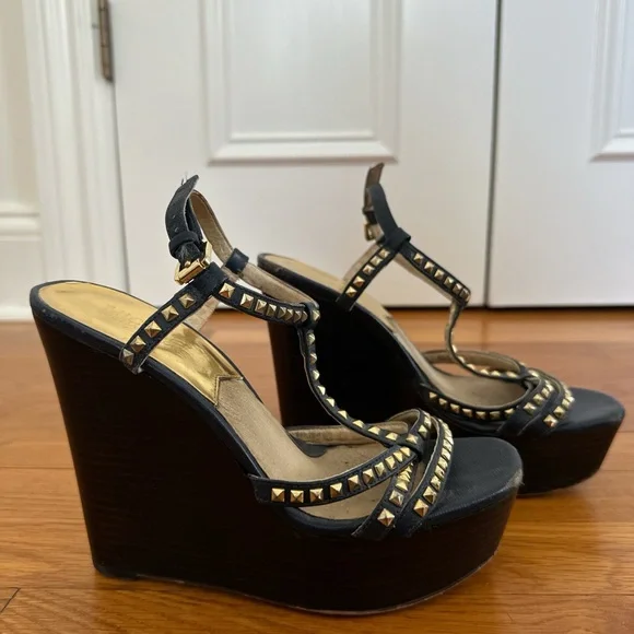 Michael Kors Studded Black and Gold Wedges - Picture 3 of 8